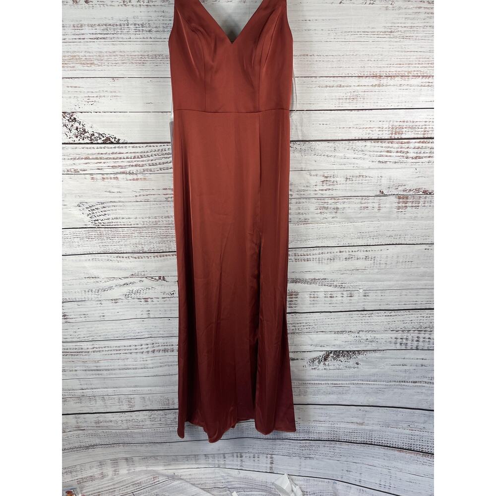 Azazie Dress Women's 4 Rust V Neck Satin Formal Bridesmaid Gown Open Back Slit - Picture 4 of 13